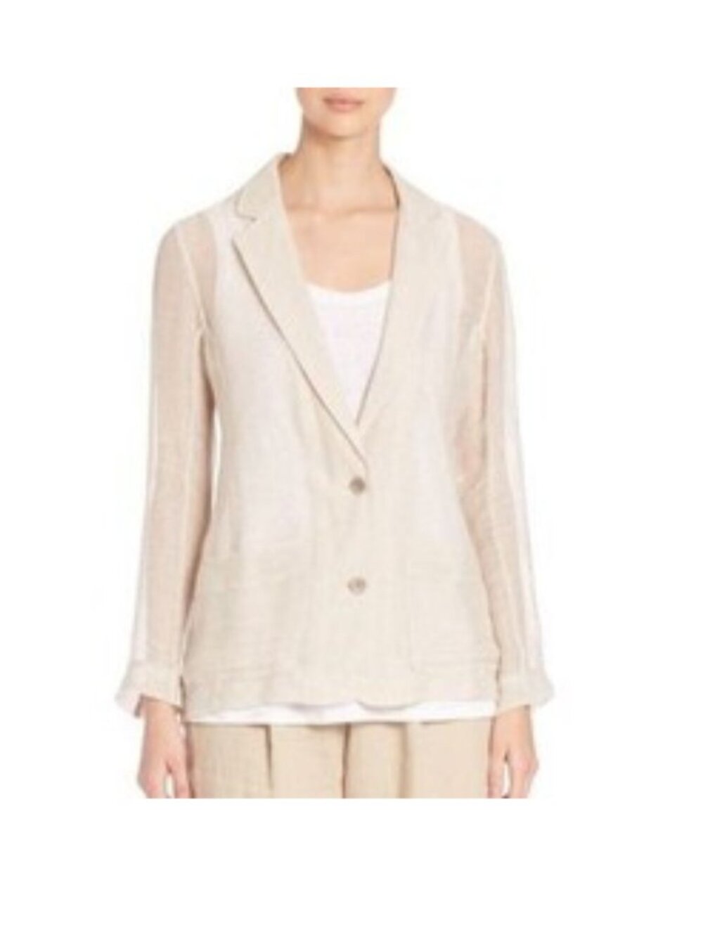 EILEEN FISHER Beige Textured Pocketed Long Sleeve Button Front Sheer Blazer